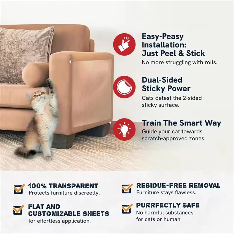 Anti Cat Scratch Furniture Protector Self-Adhesive Peelable Cat Training Protectors PVC Transparent Tape for Couch Sofa Sticker
