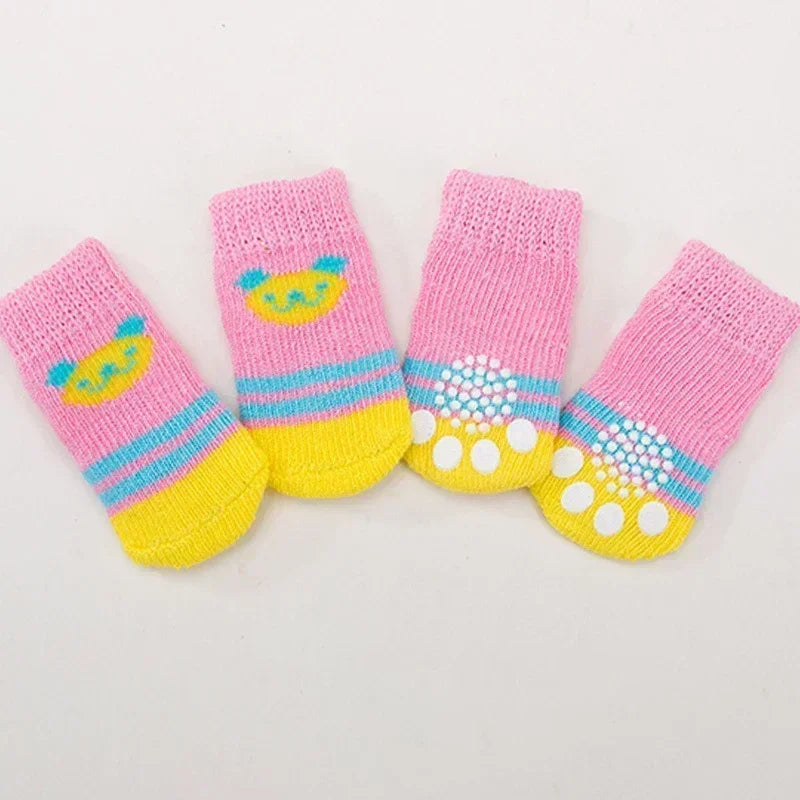 4pcs/Set Cute Puppy Dog Knit Socks Autumn Winter Pet Socks Anti-Slip Knitted Small Dogs Shoes Warm Paw Protector Dog Accessories