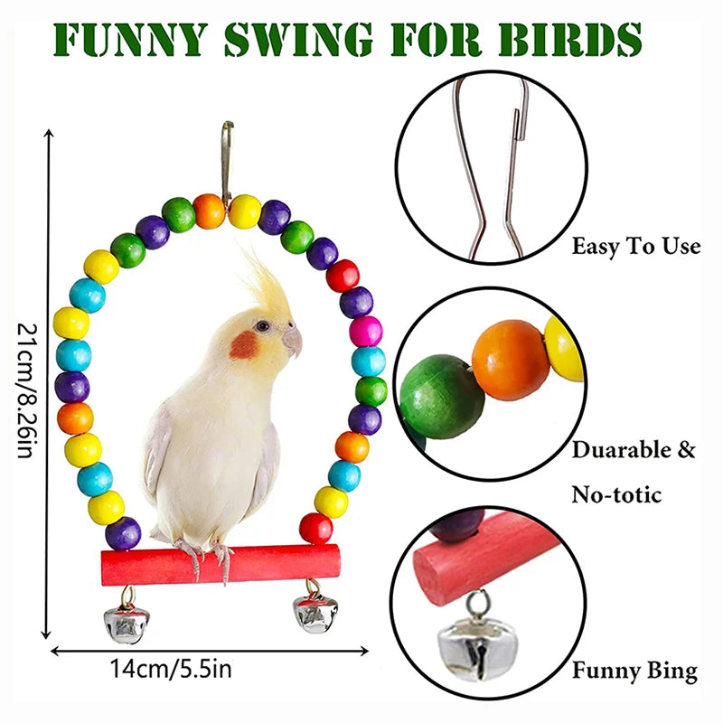 7PCS Bird Toy Wood Parrot Toys Set Cage Bird Accessories Swing Suspension Bridge Ball Cage Bells Pet Supplies
