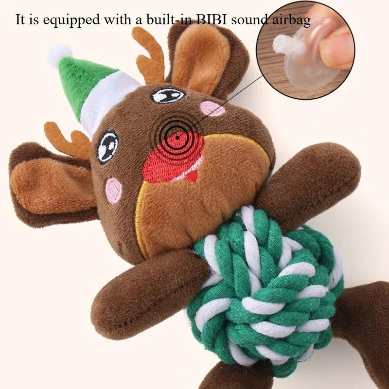 Christmas Plush Dog Toys with Cotton Rope & Squeakers  Chew Resistant Animal Dental Toys for Puppies Teething Chew Toys