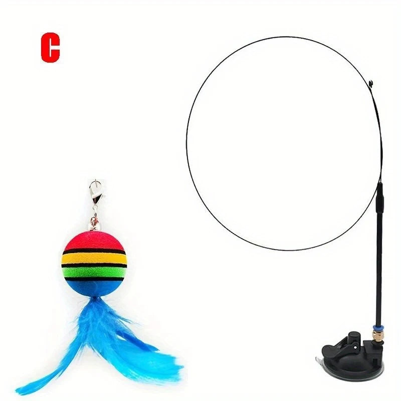 Cat Toys Interactive Funny Cat Feather Wand Suction Cup Ball Feathers Replacements with Bells for Indoor Cats Kitten Exercise
