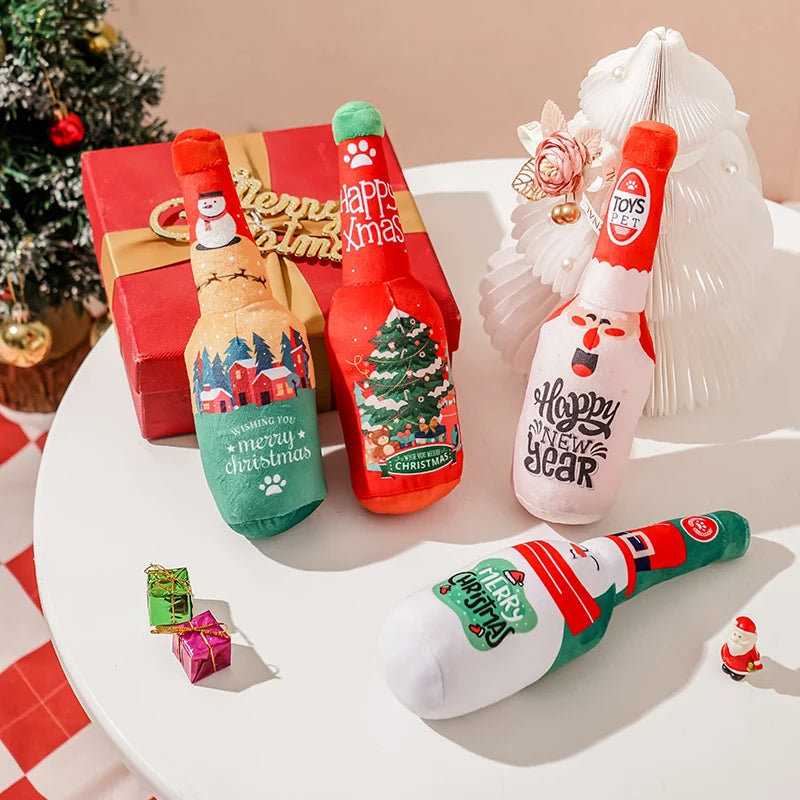 Christmas Dog Toys Squeaking Interactive Colorful Wine Bottle Santa Claus Christmas Tree Pet Chewing Toy Funny Gift Plush Toy