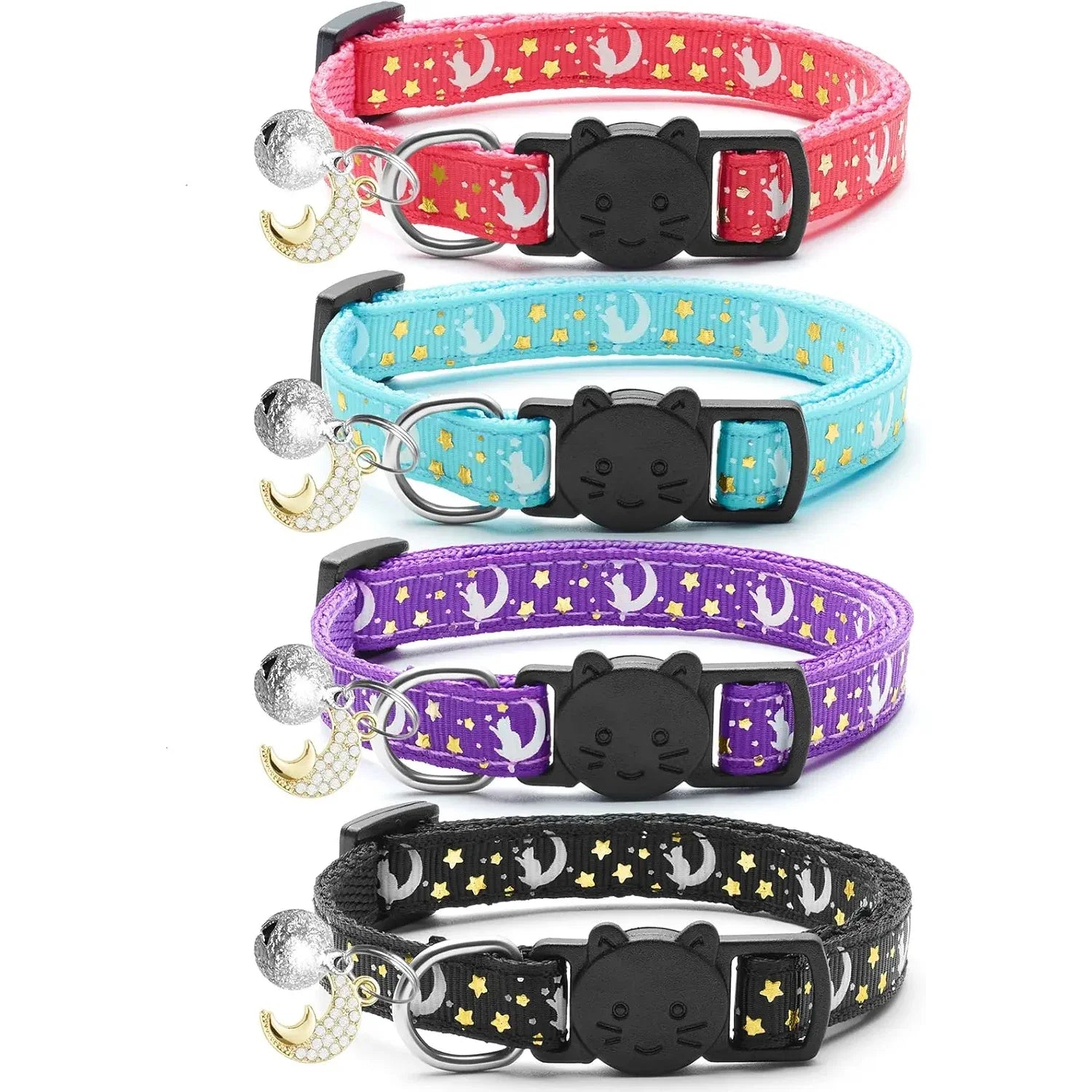4 PCS Glow Cat Collars Breakaway with Bell Moons Stars,Cute Kitten Collar with Pendant for Girl Boy Cats Puppy, Cat Accessories