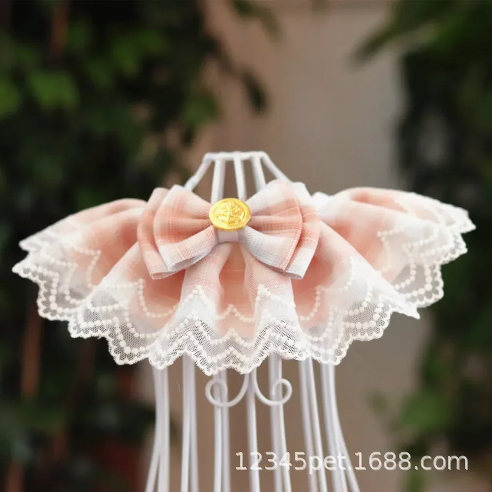 Plaid Lace Cat Ribbon Collar Gauze Kitten Bowtie Cotton Necklace Bibs for Dogs Cat Accessories Pet Products קולר לכלבים קטנים