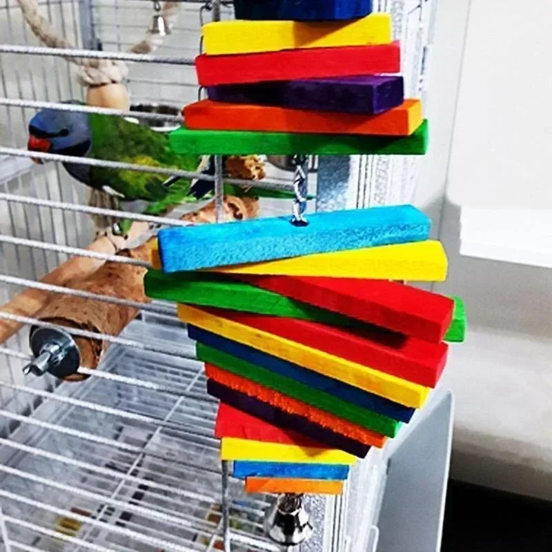 Bird Toys Parrot Color Multi-layer Grinding Mouth Bite Toys Parrot Stand Wooden Bird Cage Pendant Random Color