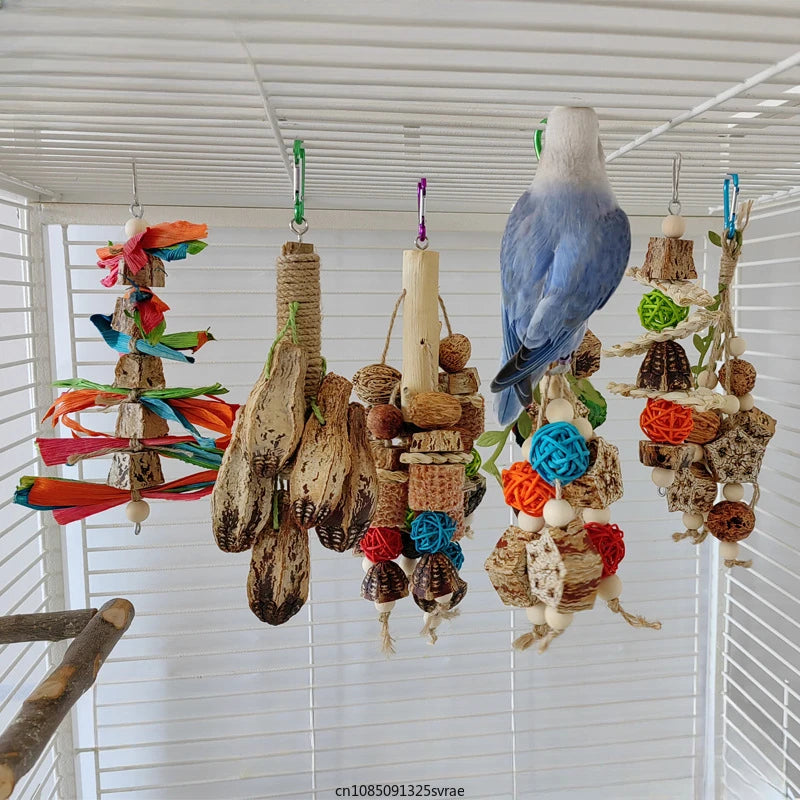 Bird Parrot Toys Birdcage Hanging Molar Toys Natural Wooden Blocks Parrot Chewing Toys Parrot Cage Colorful Hanging Decoration