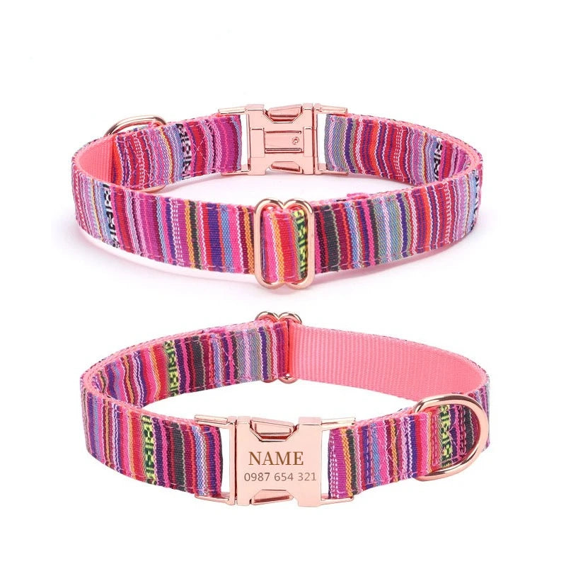 Customized Name Number Dog Collar Bohemian Stripe Plaid Pet Traction Rope Ethnic Pet Collars with Buckle Dog Accessories