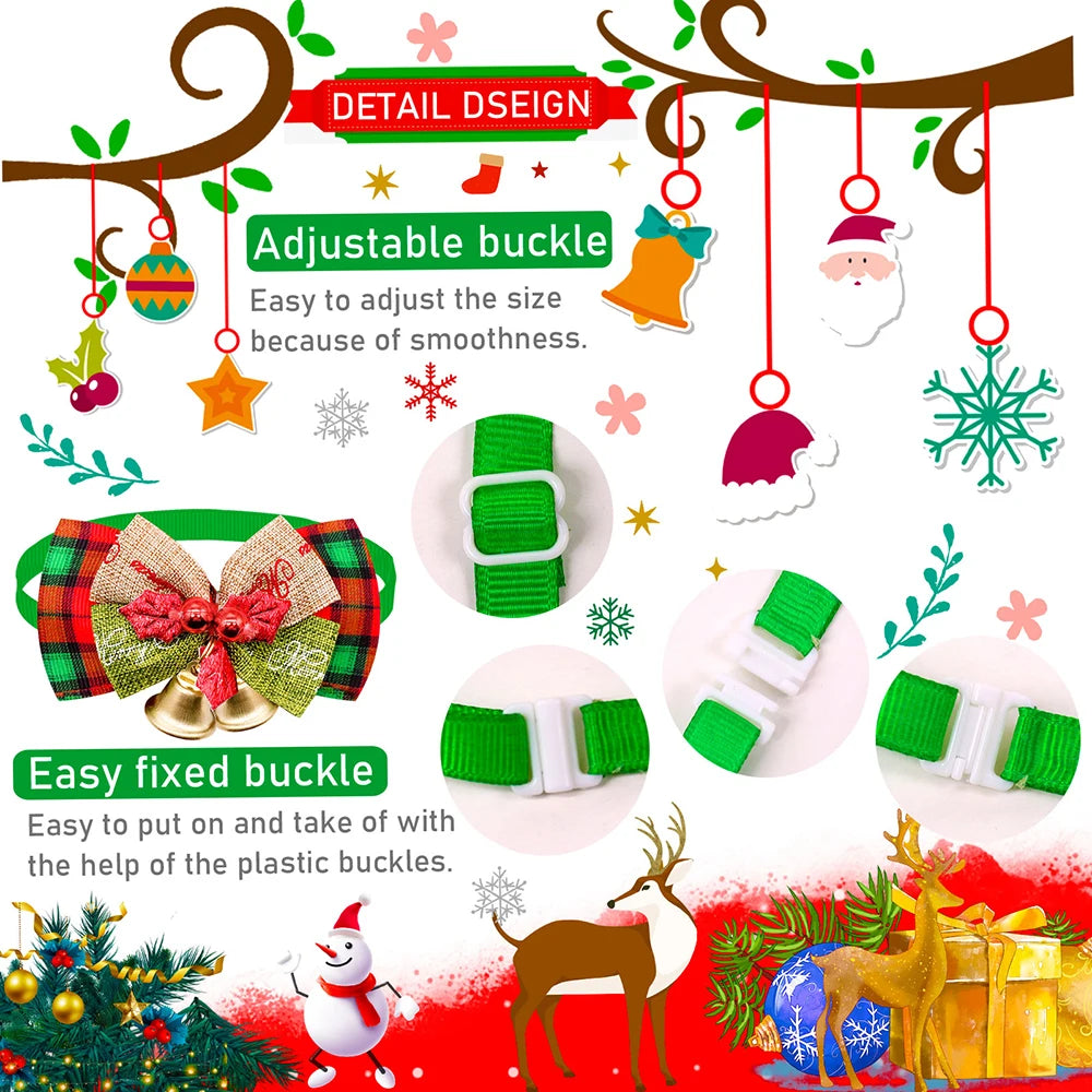 10PCS Pet Dog Bowtie with Bell Christmas Style Grooming Adjustable Dog Collar Bows for Small Dogs Puppy Party Dog Accessories