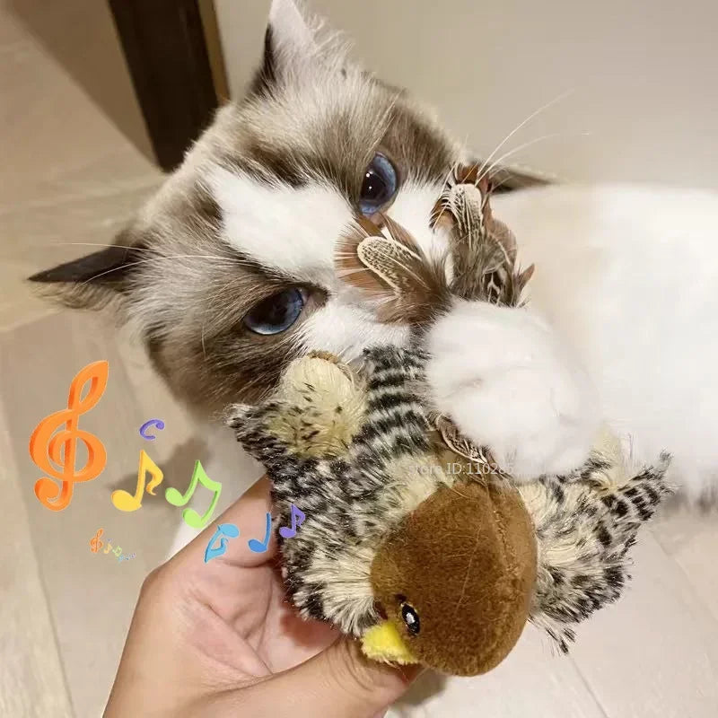 Washable Interactive Cat Toys Plush Flying Bird Squeak Cat Toy Sparrow Catnip Toys Vivid Chirping Simulation Bird Interactive