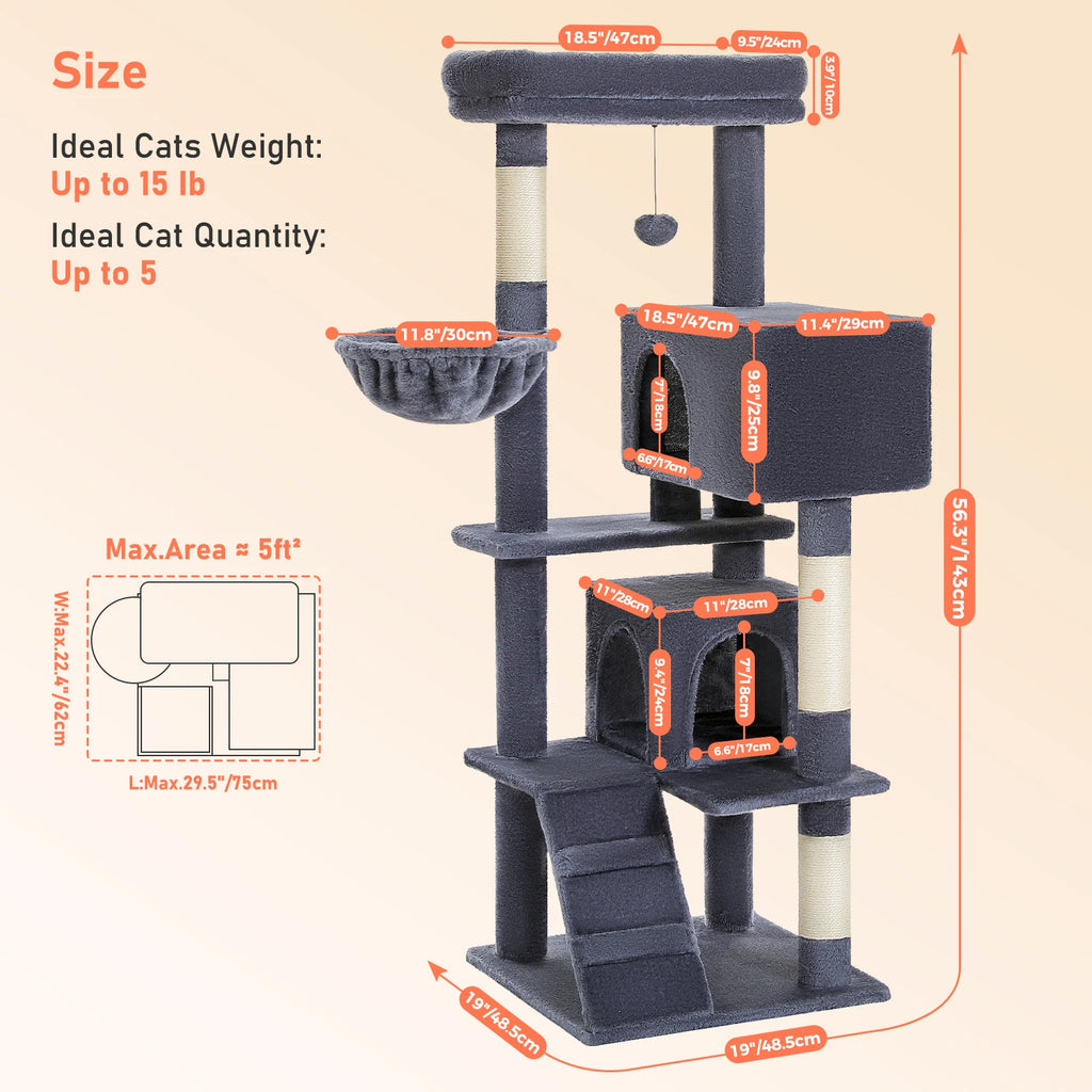 Multi-Level Cat Tree Tower with Scratching Post, Cozy Hammock, Top Perch, Large Cat Condo for Indoor, Cat Accessories, Cat Toys