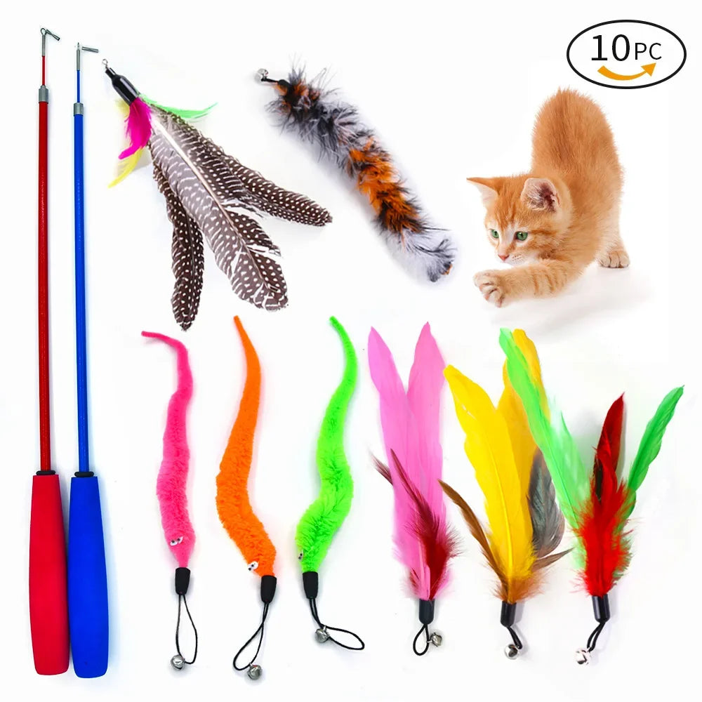 10 Pack Retractable Fishing Rod Funny Cat Stick Caterpillar Feather Replacement Head Cat Toy Cat Toys Interactive Pet Products