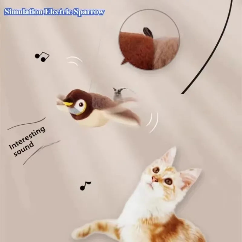 Chirping Bird Cat Toy Simulated Bird Interaction Toy Sparrow USB Rechargeable Flying Bird Cat Toys for Indoor Cats