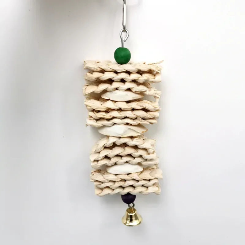 1pcs Natural Wooden Grass Chewing Bird Parrot Toy with Bell Bite Hanging Cage Swing Climb Chew Toys Bird Toys for Cage Pet Toys