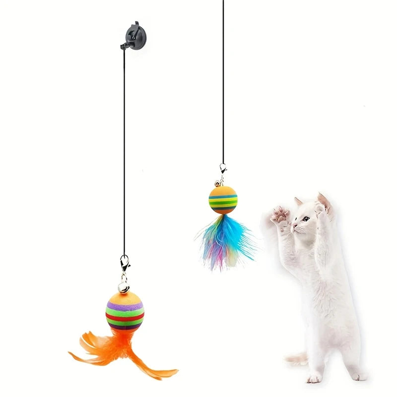 Cat Toys Interactive Funny Cat Feather Wand Suction Cup Ball Feathers Replacements with Bells for Indoor Cats Kitten Exercise