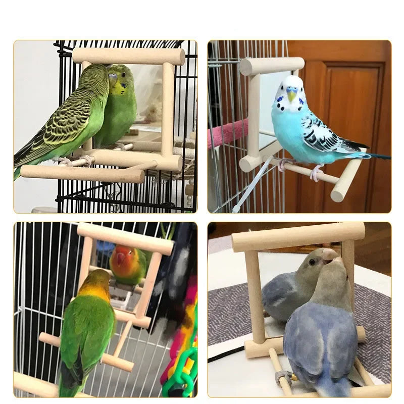 Wooden Pet Toy Mirror Fun Brid Toy for Cockatiel Parrots Small Birds Parrot Toys Pet Parrots Climb Accessories