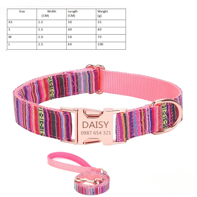 Customized Name Number Dog Collar Bohemian Stripe Plaid Pet Traction Rope Ethnic Pet Collars with Buckle Dog Accessories