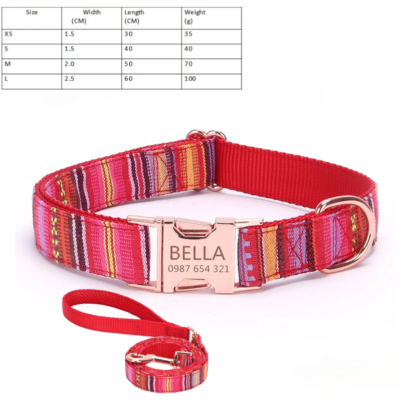 Customized Name Number Dog Collar Bohemian Stripe Plaid Pet Traction Rope Ethnic Pet Collars with Buckle Dog Accessories
