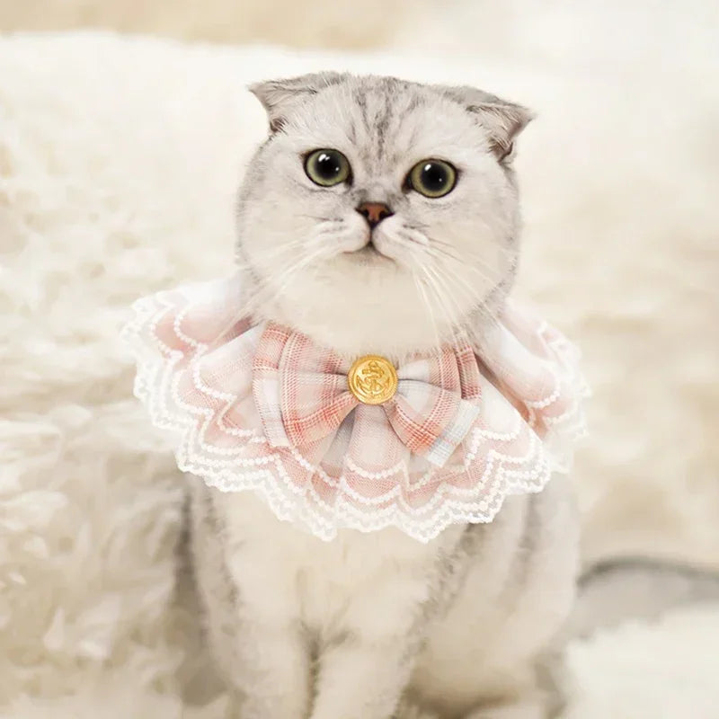 Plaid Lace Cat Ribbon Collar Gauze Kitten Bowtie Cotton Necklace Bibs for Dogs Cat Accessories Pet Products קולר לכלבים קטנים