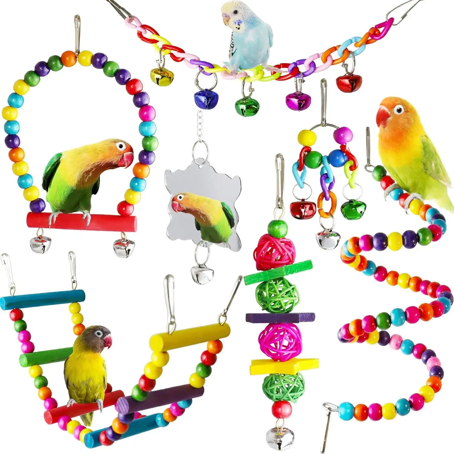 Bird and Parrot Toys Swing BirdCage Decoration Mirror Staircase Wind ChimesBird Accessories Toys for Birds juguetes para pájaros