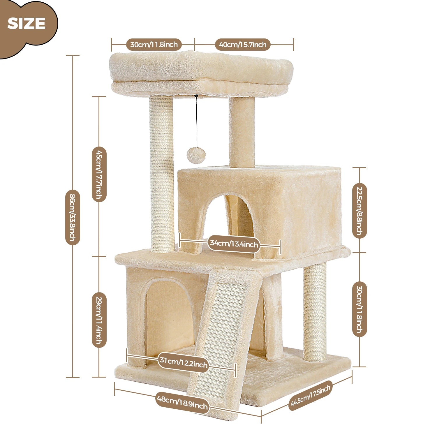 Cat Tree with Natural Sisal Scratching Post,Comfortable Condo,Spacious Top Perch,Cat Accessories,Toy,Cat Tower for Indoor Cats
