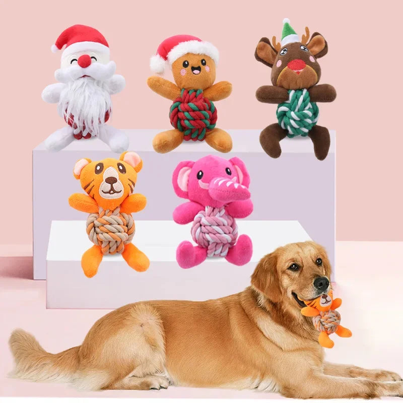 Christmas Plush Dog Toys with Cotton Rope & Squeakers  Chew Resistant Animal Dental Toys for Puppies Teething Chew Toys