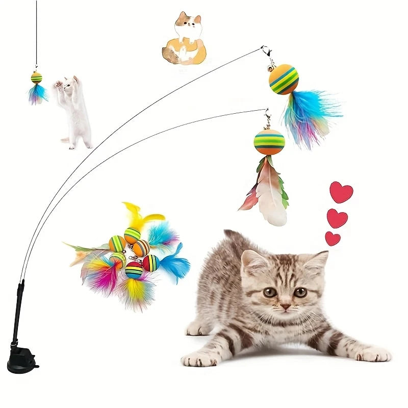 Cat Toys Interactive Funny Cat Feather Wand Suction Cup Ball Feathers Replacements with Bells for Indoor Cats Kitten Exercise