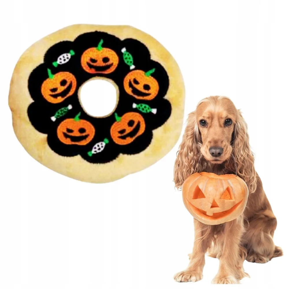 Halloween Dog Toys Pumpkin Ghost Funny Plush Donut Squeaky Pet Toy for Boredom Unstuffed Chew Toy Soft Plush Puppy Toy