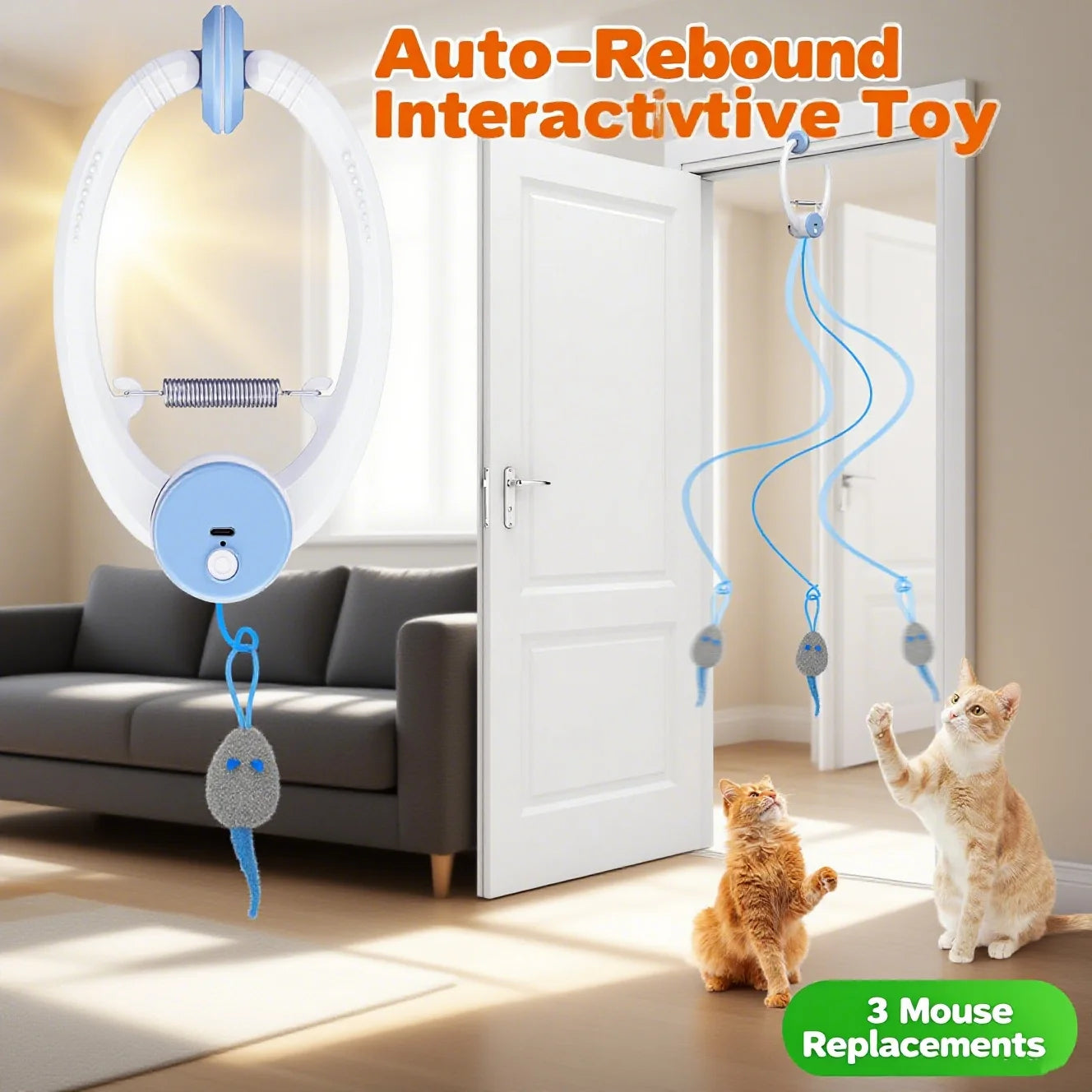 Door Hanging Auto-Rebound Cat Toy, Retractable Kitten Teaser with 3 Catnip Mice, Interactive Pet Play Toy for Indoor Cats - Whit