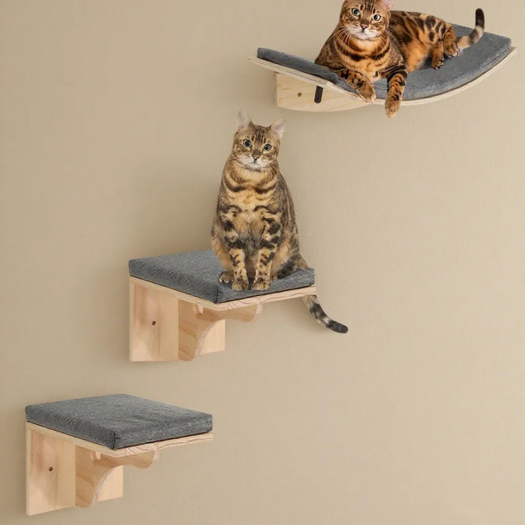 Cat Climbing Frame Cat Wall Steps and Perch Beds Anti-Scratch with Scratching Cushion Modern Wooden Climbing Cat Accessories