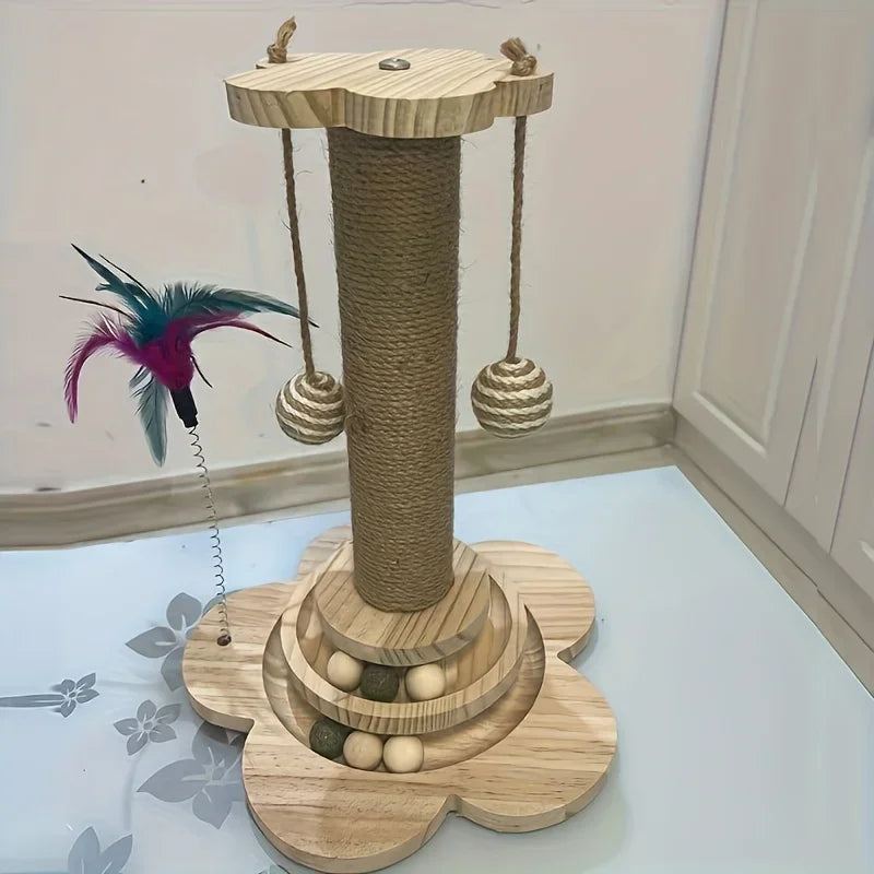 Solid Wood Cat Turntable Cat Scratching Post, Cat Teaser Stick, Cat Scratching Board for Cats, Durable Cat Toys