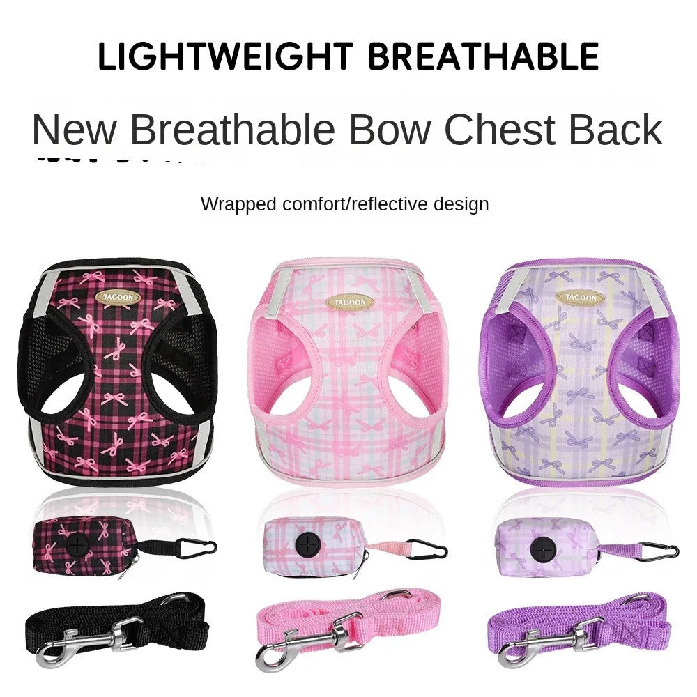 Cat Accessories Breathable Dog Harness Leash Adjustable Anti slip Cat Harnesses Vest Soft Bow Pet Chest Harness for Small Dogs