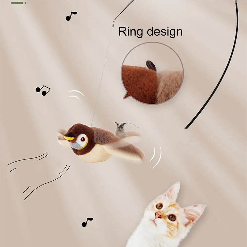 Chirping Bird Cat Toy Simulated Bird Interaction Toy Sparrow USB Rechargeable Flying Bird Cat Toys for Indoor Cats