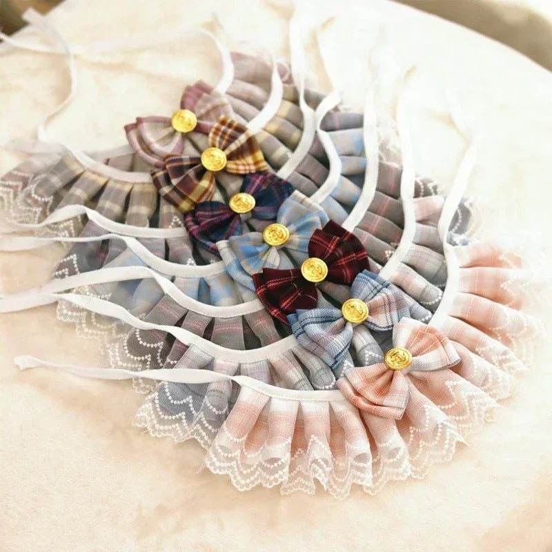 Plaid Lace Cat Ribbon Collar Gauze Kitten Bowtie Cotton Necklace Bibs for Dogs Cat Accessories Pet Products קולר לכלבים קטנים