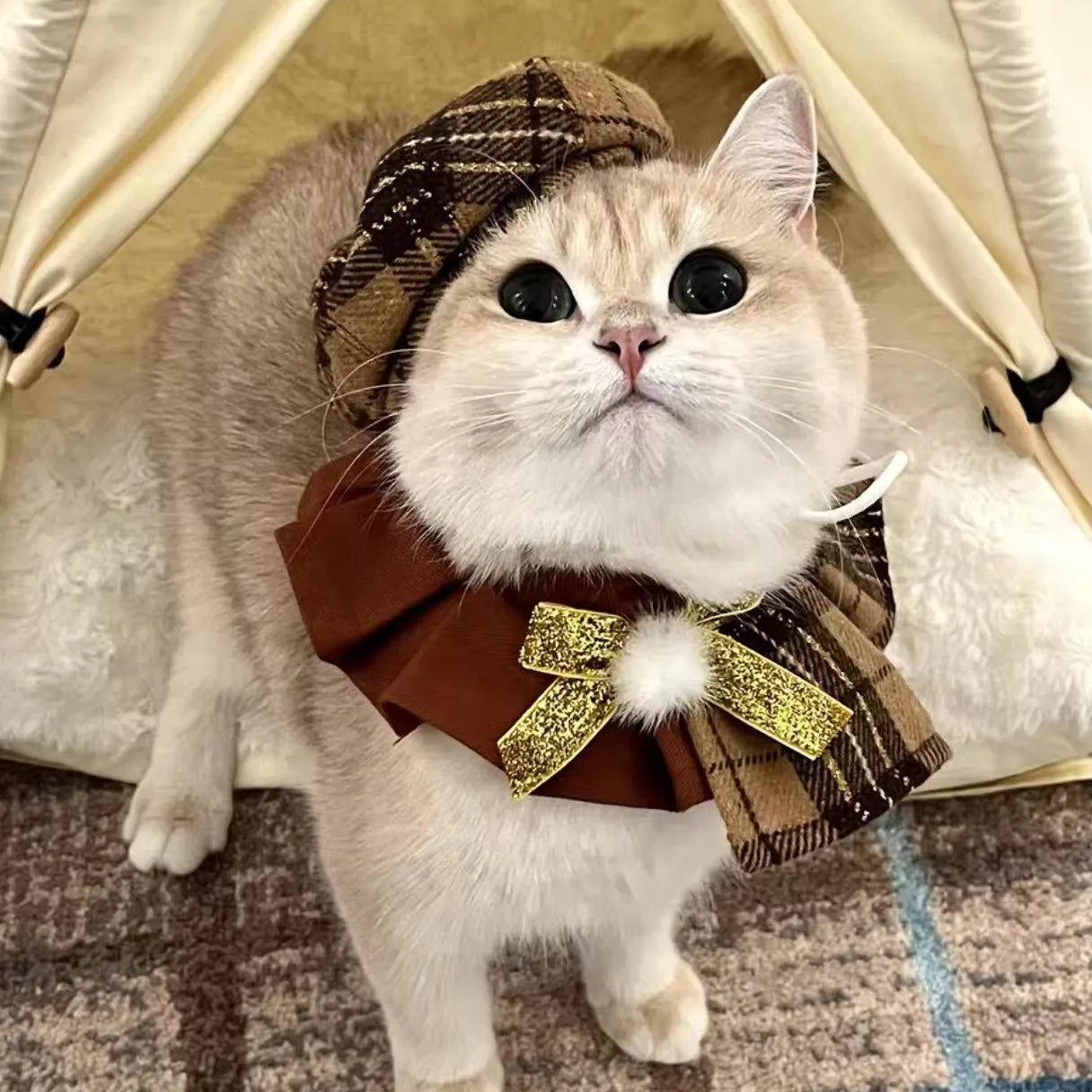 Pet Christmas Cat Dog Octagonal Hat Cute Plaid Shawl Dog Collar Bib Set Pet Decoration Dog Accessories for Small Dogs Puppy