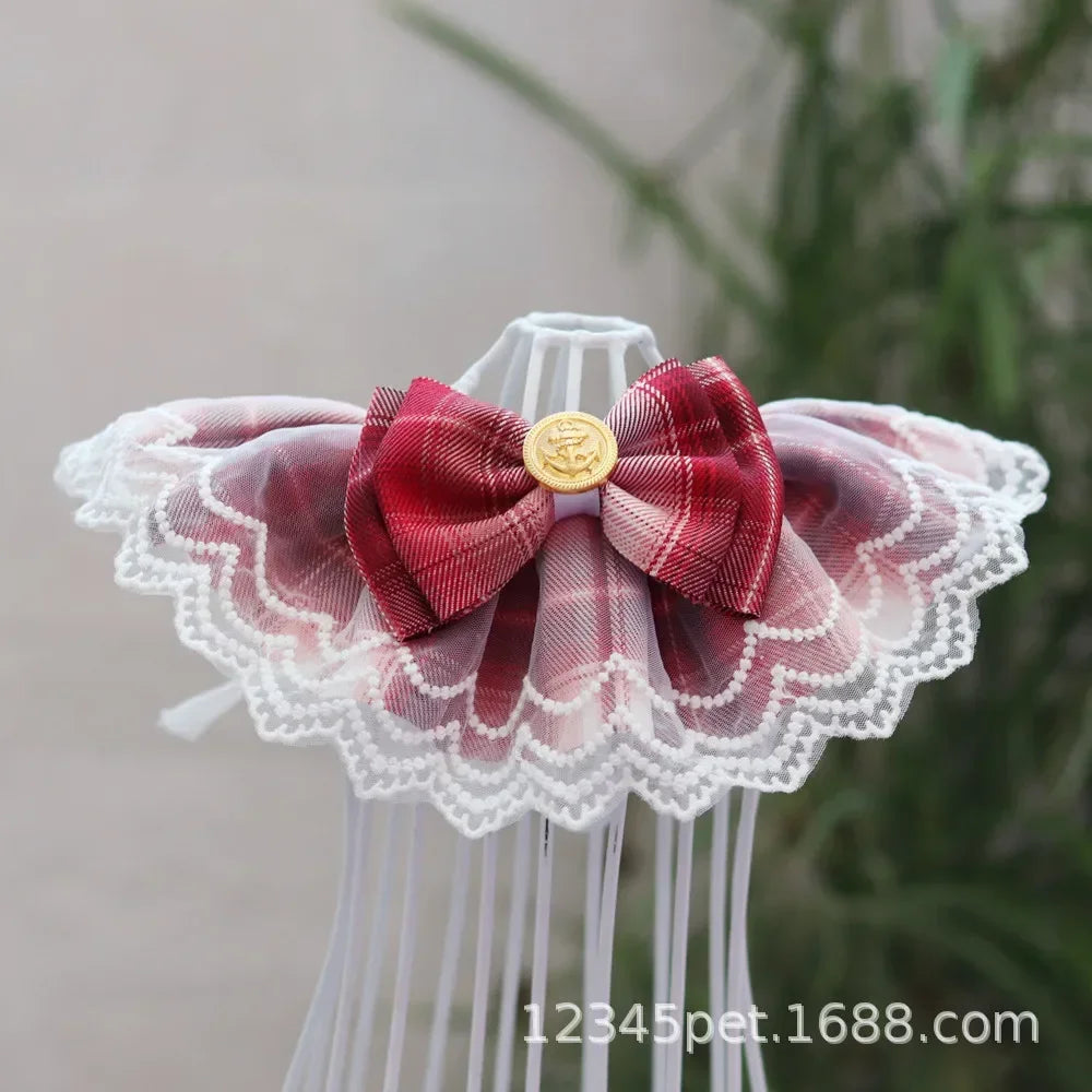 Plaid Lace Cat Ribbon Collar Gauze Kitten Bowtie Cotton Necklace Bibs for Dogs Cat Accessories Pet Products קולר לכלבים קטנים