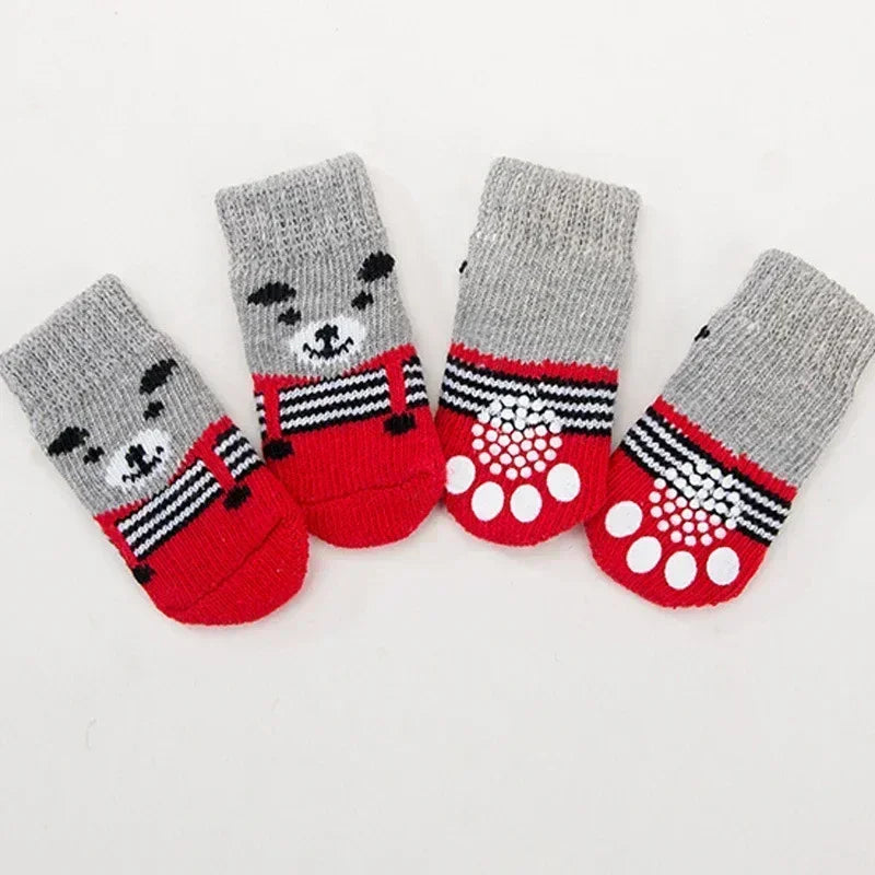 4pcs/Set Cute Puppy Dog Knit Socks Autumn Winter Pet Socks Anti-Slip Knitted Small Dogs Shoes Warm Paw Protector Dog Accessories