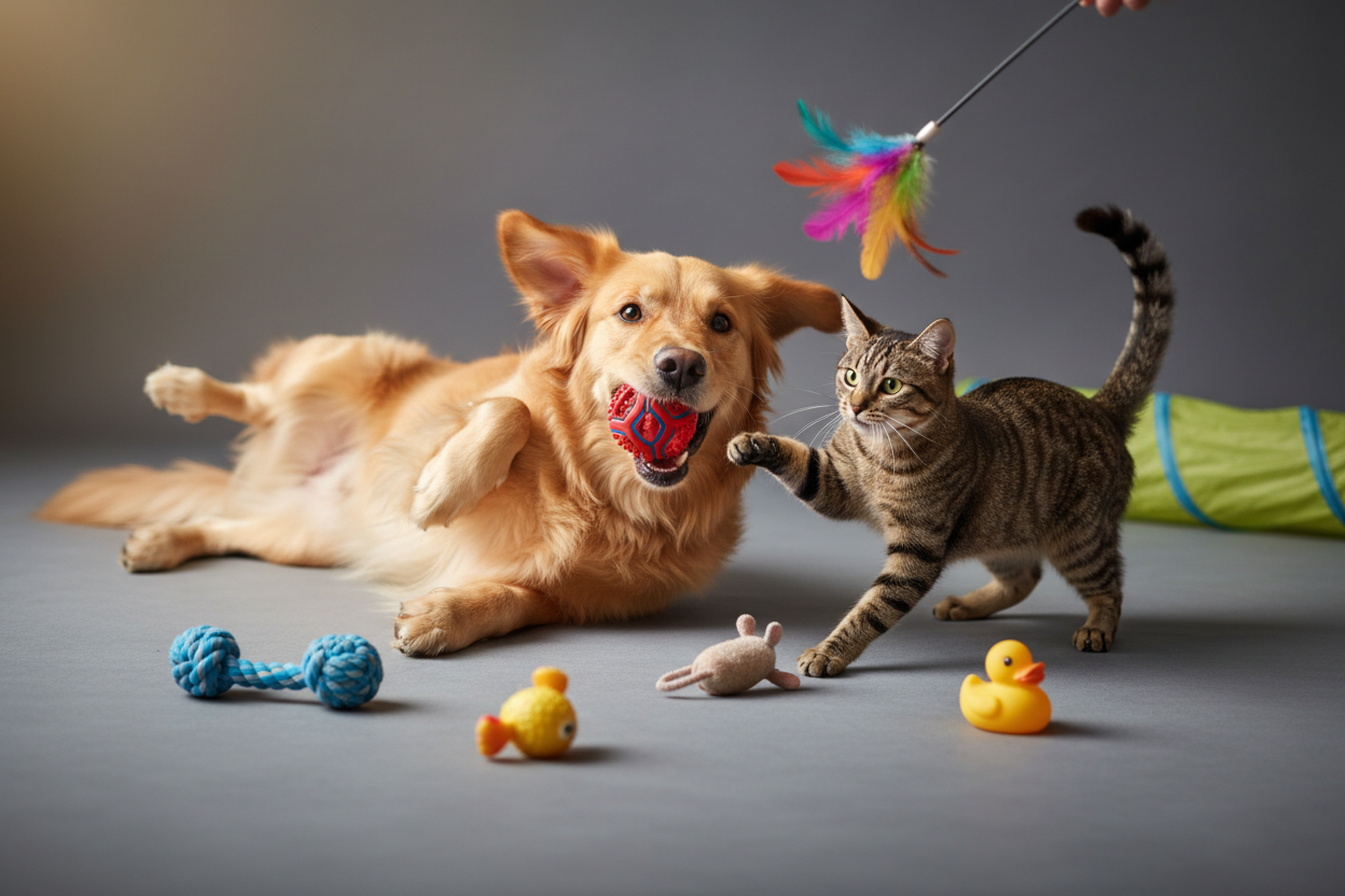 Generate background with grey colour showing dog and cat playing with their toys